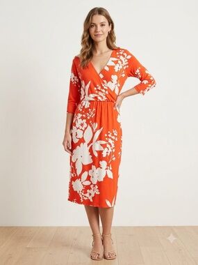 Victoria's Secret Vintage Floral Faux Wrap Midi Dress Orange White S
